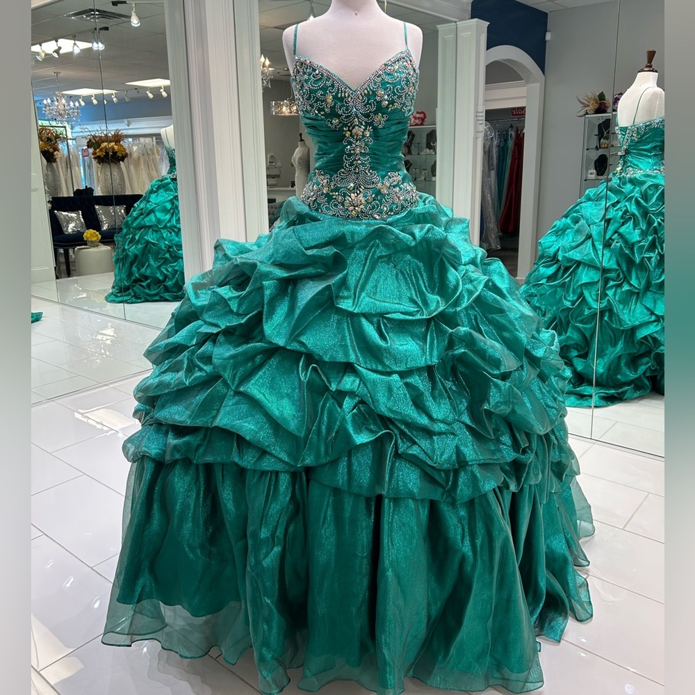 Teal Ruffled Quinceañera Gown with Ruffles and Beaded Top